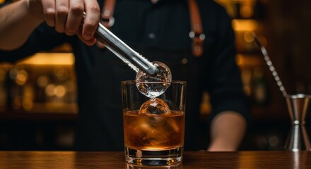 Precision pour: crafting a cocktail with spherical ice at a dimly lit bar