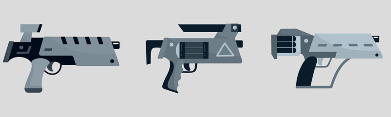 Set collection 2 of laser gun blaster future weapon in black grey colors icon clipart avatar logotype isolated illustration