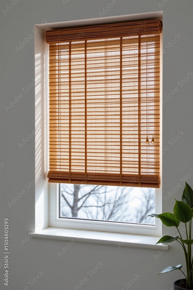 Poster window with bamboo blinds and a view of bare trees outside.