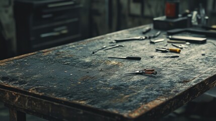 Rusty workbench filled with tools