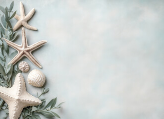 Holiday background with a scalloped border with alternating starfish and sand dollar motifs around the edges