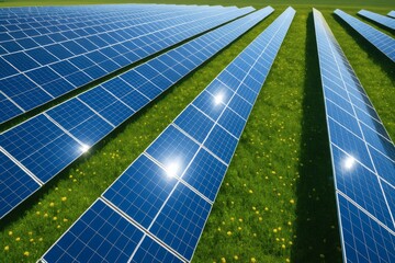 Top view of solar panels farm. Solar panels are an ecological and efficient solution for producing electricity from renewable sources. Green economy energy and sustainable. 