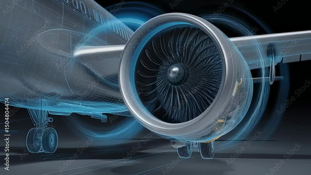 Poster airplane engine rotating, revealing intricate internal components through animated wireframe and pul