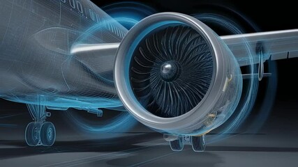 Airplane engine rotating, revealing intricate internal components through animated wireframe and pulsing sound waves, highlighting engineering precision against dark background - Powered by Adobe