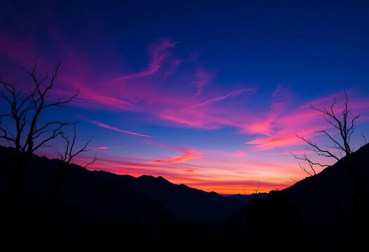 Panoramic twilight sky, silhouetted mountains & dry trees Vector illustration,  nature,  panoramic - Powered by Adobe