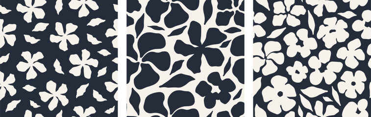 Abstract floral seamless pattern set. Minimal seamless floral motif pattern with modern vibes in black and white colors. Ideal for paper products, fashion design, and homeware. Vector illustration