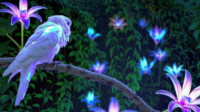 A parrot on a branch in a magical garden with glowing flowers. Low-angle shot creates a mystical video game atmosphere. Live desktop wallpaper.