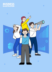 여러명이 먼곳을 바라보며 더 나은 미래를 꿈꾸고 있는 비즈니스 이미지(벡터)