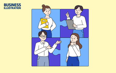 여러명이 한팀이 되어 협동하며 맞춰가고있는 비즈니스 이미지(벡터)