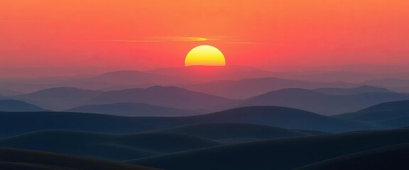 Fototapeta premium Minimalist earth tone sunrise over rolling hills, abstract landscape illustration, hills, simple