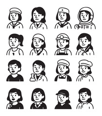Collection of 16 Female Avatar Outlines Diverse Professions & Styles