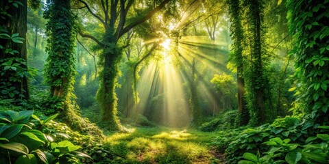 Fototapeta premium Sunbeams Illuminate Lush Forest Canopy, Revealing a Path Through Verdant Undergrowth