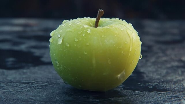Green apple with water drops