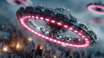Alien invasion futuristic city digital art sci-fi environment aerial view extraterrestrial life