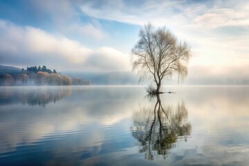 Fototapeta premium Serene morning mist over tranquil lake with solitary tree reflecting perfectly in calm water