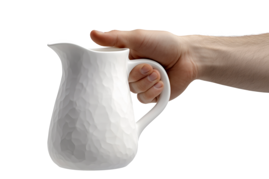 Hand Holding White Ceramic Jug Against Transparent Background in Close-Up View