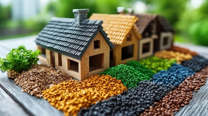 Miniature houses surrounded by colorful grains showcasing creativity and design