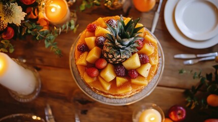 Festive fruit cake on a wooden table