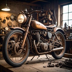 A recycled sculpture of a vintage motorcycle built from junkyard materials—metal tubing, broken dials, rubber scraps, and frayed wires. Focus on mechanical complexity and handcrafted imperfection.