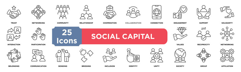 Social Capital icon collection set. Containing trust,network,community,relationships,cooperation,collaboration,connection,engagement,support,solidarity icon. Simple line vector.	