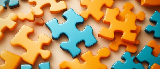 Colorful puzzle pieces scattered across a light beige surface  Various orange and teal puzzle pieces are visible, with a few overlapping
