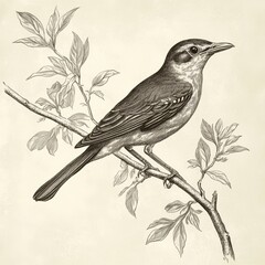 Vintage Illustration of a Bird Perched on a Branch