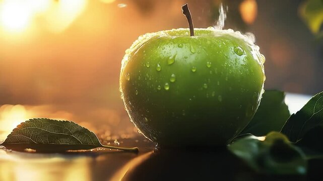 Green apple with water drops