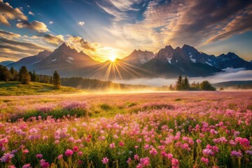 Serene Sunrise Illuminates a Vibrant Wildflower Meadow with Majestic Mountain Peaks in the Background