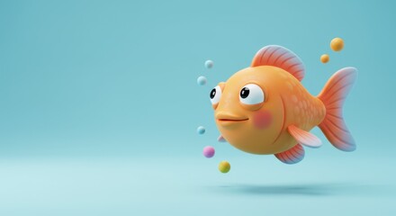 Adorable 3D Render of a Curious Goldfish Swimming in a Light Blue  Background with Colorful Bubbles