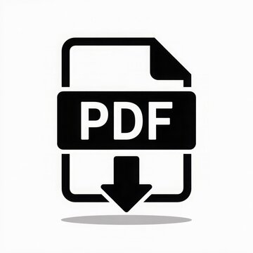 A black and white pdf download icon with an arrow pointing down on a white background in simple style