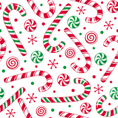 Seamless Pattern of Christmas Candy Cane and Peppermint Candy- Christmas Sweet Vector Illustration