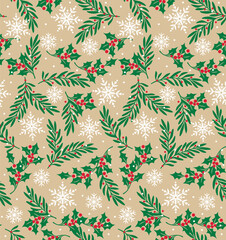 Seamless Pattern of Christmas Foliage with Snowflakes on Natural Background- Christmas Vector Illustration