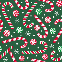 Seamless Pattern of Christmas Candy Cane and Peppermint Candy with Green Background- Christmas Sweet Vector Illustration