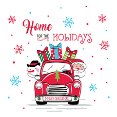 Christmas Cute Santa Claus and Snowman on the Red Truck with Christmas Text and Gifts- Christmas Santa and Snowman Vector Illustration