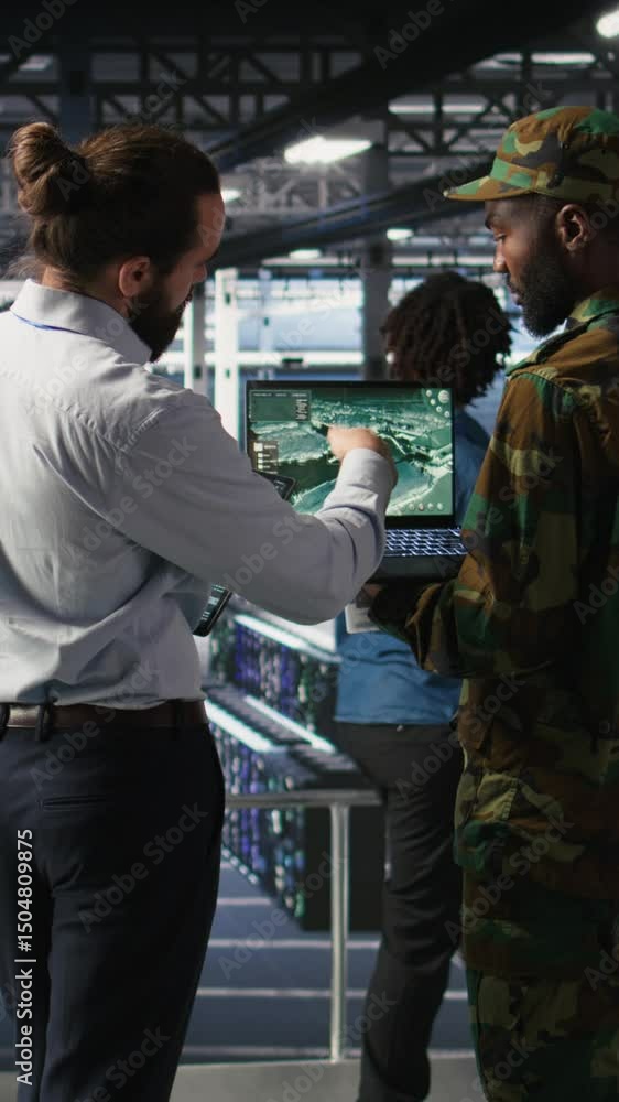Poster vertical video military experts in data center reviewing drone surveillance feed on laptop screen. a