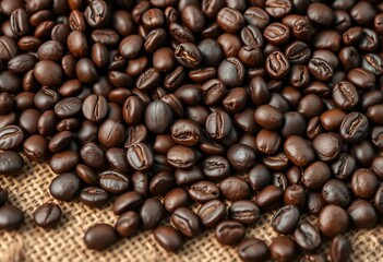 Fototapeta premium Close-up of dark roasted coffee beans, rich brown tones, scattered on burlap, coffee shop, texture