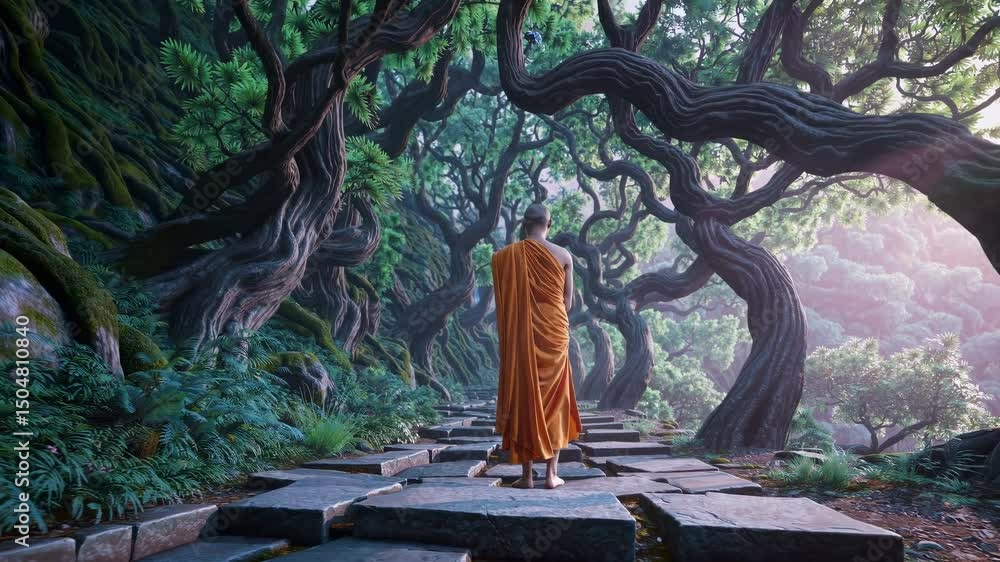 Poster a serene video scene of a monk walking on a stone path through a mystical forest, captured from a re