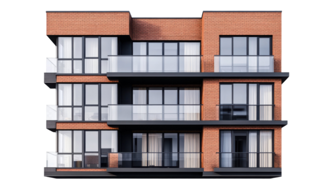 Modern Urban Apartment Building with Multiple Floors Isolated on White Background