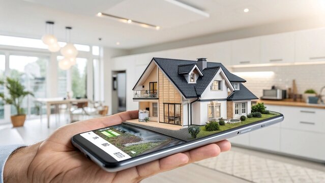 A hand holds a smartphone showcasing a virtual house tour or smart home app. A tiny house model sits on the screen, blending physical and digital. The modern, tech-oriented background highlights