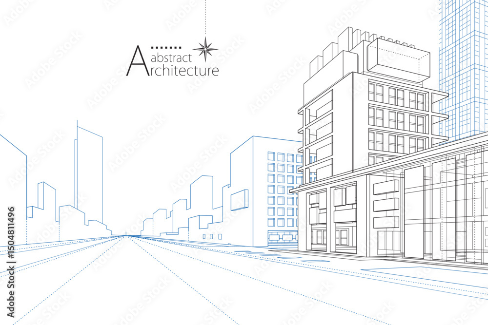 Aufkleber 3d illustration abstract urban building out-line drawing of imagination architecture building constr