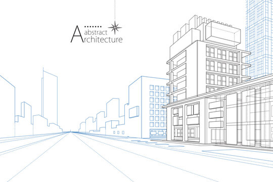 3D illustration abstract urban building out-line drawing of imagination architecture building construction design.