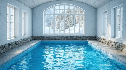 Obraz premium Indoor swimming pool with a wintery view.
