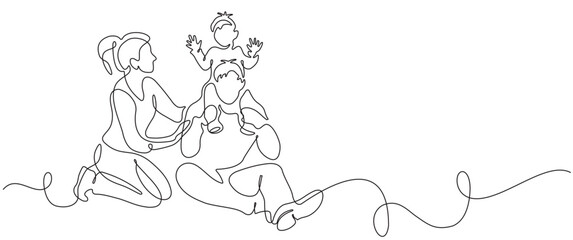 A happy family with one continuous line, father, mother, and child drawn by one hand. A portrait of caring and togetherness in the family.