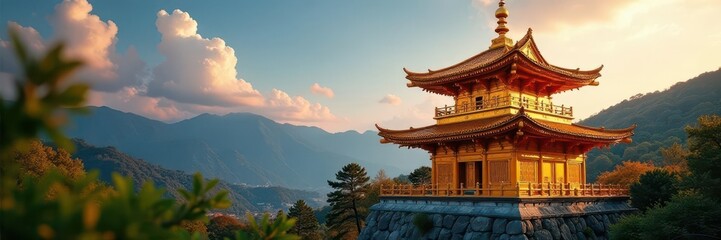 Golden pagoda, intricate details, ornate roof, tranquility, asia, golden