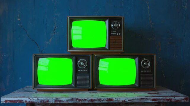 Glowing vintage TVs stacked with green screens under dramatic blue lighting
