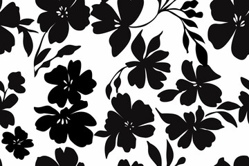 Seamless black and white floral pattern with bold silhouette flower design. Minimalist vector botanical background perfect for fabric, wallpaper, wrapping paper, surface print, and decor.