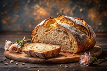 Artisan Loaf of Bread Sliced on Rustic Wooden Board with Herbs and Flower