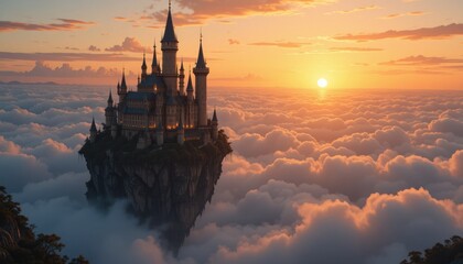 Floating Castle Above the Clouds Glowing in a Magical Twilight Sky