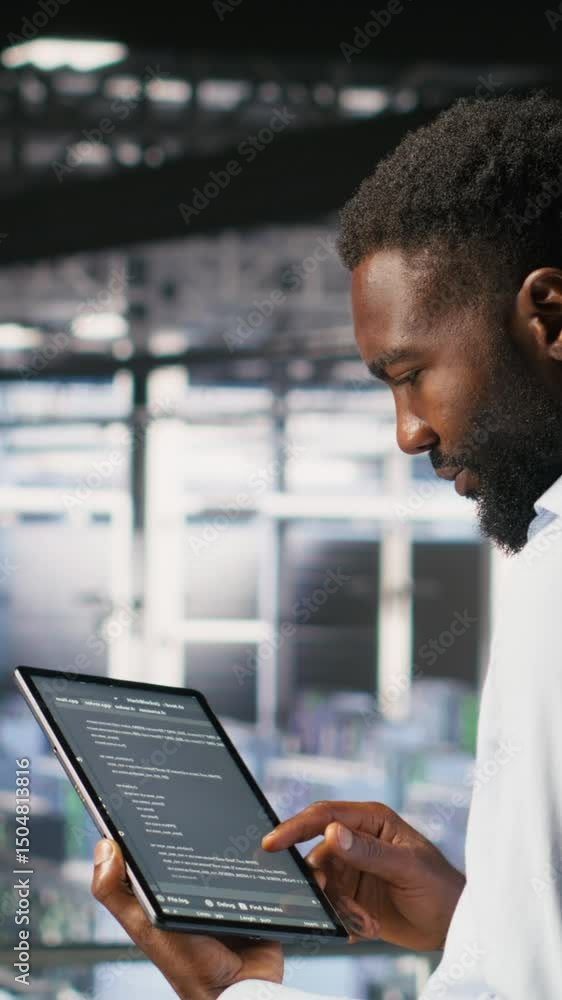 Poster vertical video data center programmers on industrial platform checking lines of code, collaborating 