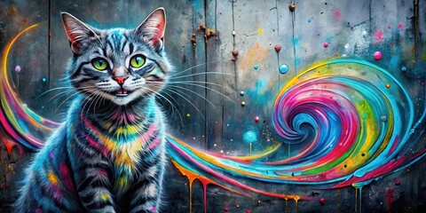 Vibrant Feline Amidst a Whimsical Swirl of Rainbow Hues on a Textured Background